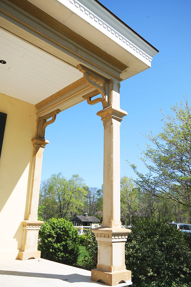 At the fascia, Boral crown molding and dentil trim from Duration covered a raised perimeter curb needed for roof drainage. Elsewhere on the home, new window sills and highly decorative trim for box gutters were also made from milled Boral.