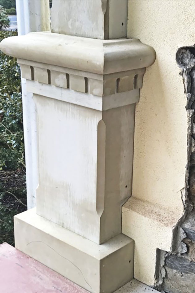 A new factory-milled pilaster was installed a couple of feet beyond the previous pilaster location (due to the widening of the porch).